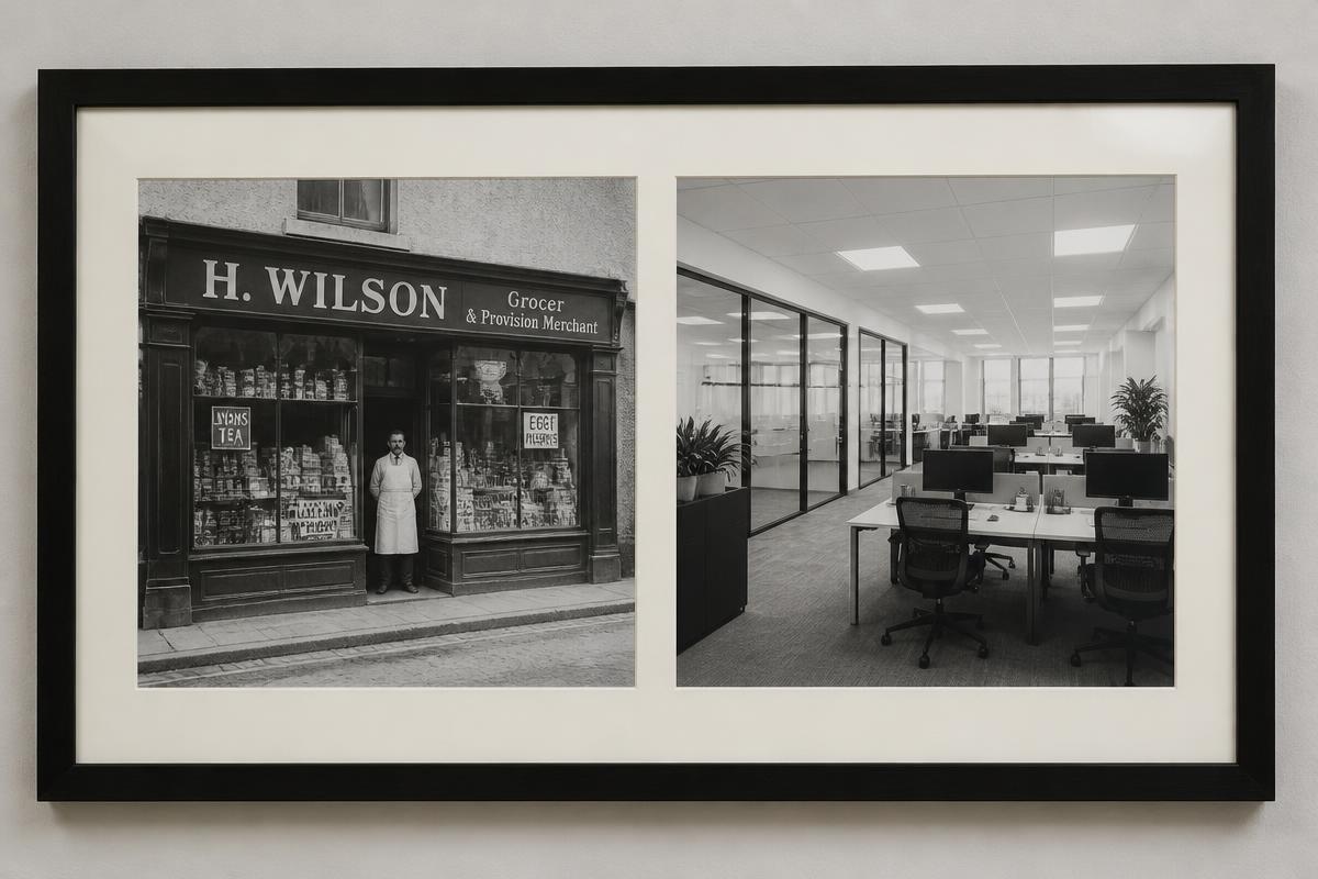 Framed collage showing the agency's local heritage and modern office